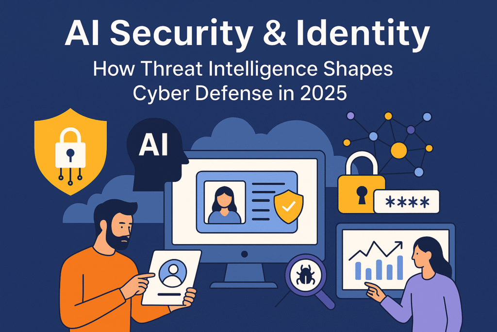 Illustration showing AI security, identity verification, and threat intelligence analytics in 2025.